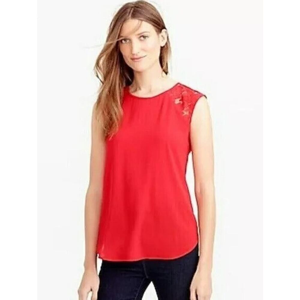 J Crew Size 2 Blouse Red Lace Shoulder Sleeveless Tank Top Keyhole Back NEW